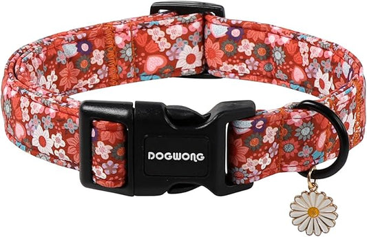 DOGWONG Red Flower Dog Collar, Cute Adjustable Floral Collar, Girl Female Dog Collar with Strong Plastic Buckle for Small Medium Large Dogs,XL