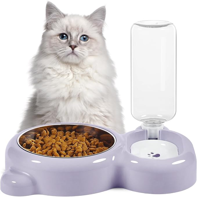 Double Dog Cat Bowls, Cat Food and Water Bowl Set with Auto-Water Dispenser and Stainless Steel Bowl Feeder for Small Size Dogs & Cats, Anti-Slip & Splash Design, Cute Purple