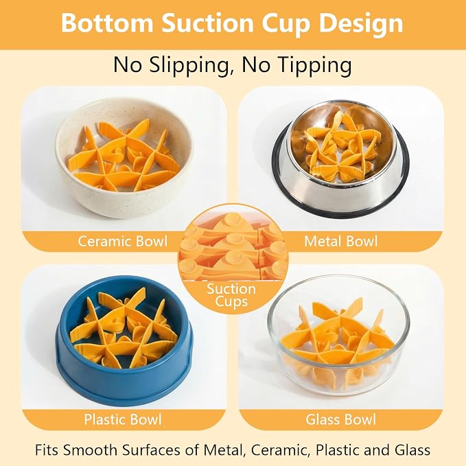 Silicone Dog Slow Feeder Bowl Insert with Suction Cups, Cuttable Food-Grade Lick Mat Divider Fits Stainless Steel Ceramic Glass Dog Bowls, Helps Slow Down Eating, Orange