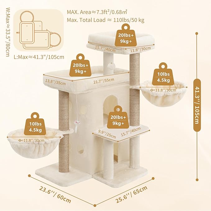 Heybly Cat Tree with Reinforced Big Base, 41.3-Inch Sturdy Cat Tower for Indoor Cats Featuring 2 Roomy Platforms, Double Cat Condo, 2 Cozy Baskets, Full Sisal Scratching Posts, Beige HCT075MJ