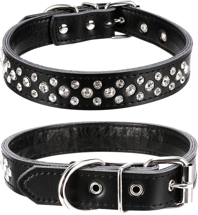Rhinestone Dog Collar, Adjustable Cute Dazzling Sparkling Soft Leather Dog Collar Crystal Diamond Pet Dog Puppy Collar (S, Black)