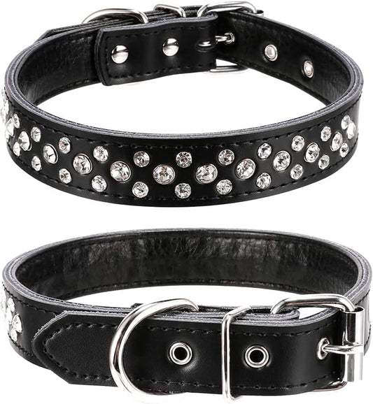 Rhinestone Dog Collar, Adjustable Cute Dazzling Sparkling Soft Leather Dog Collar Crystal Diamond Pet Dog Puppy Collar (S, Black)