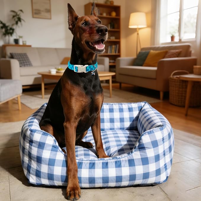 Maca Bates Checkered Basic Dog Collar with Windmill Charm Turquoise and Royal Blue Checkerboard Pattern for Medium Girl Boy Dogs,Adjustable Durable Soft Plaid Collars Gift for Male Female Puppy