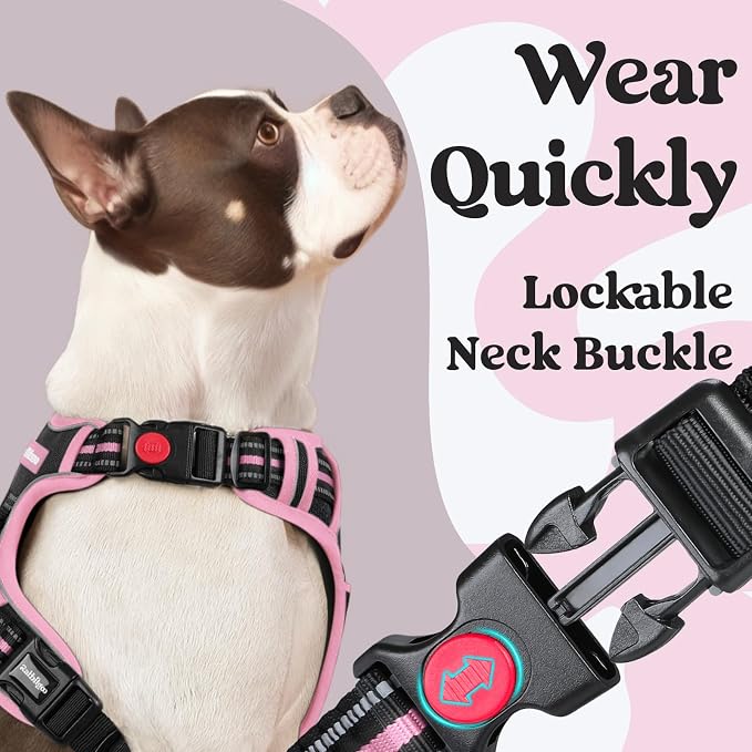 rabbitgoo Dog Harness for Large, No Pull Easy On & Off with 3 Buckles Pet Harness, Adjustable Soft Walking Vest with 2 Clips and Handle, Reflective for Large Dogs, Black & Pink, L
