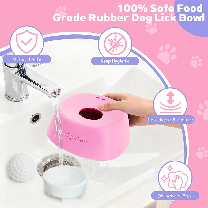 Yipetor Slow Feeder Dog Bowls for Liquid Treat, 【Enrichment Ball-Roll】 Bone Broth Dog Lick Bowl, 3/4 Cup Yogurt Pup Lick Toy for Large Medium Small Breeds Dietary Supplement/Post-op Nutrition (Pink)