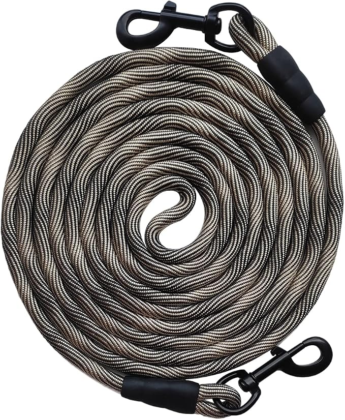 BTINESFUL Dog Tie Out, Check Cord Long Tether Rope Leash, 8ft 12ft 20ft 30ft 50ft 75ft Dog Lead for Yard- Large Medium Dogs Outdoor Playing, Camping, Training or Backyard (8 Foot, Beige Black)