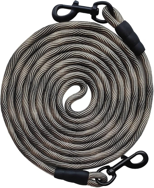 BTINESFUL Dog Tie Out, Check Cord Long Tether Rope Leash, 8ft 12ft 20ft 30ft 50ft 75ft Dog Lead for Yard- Large Medium Dogs Outdoor Playing, Camping, Training or Backyard (8 Foot, Beige Black)