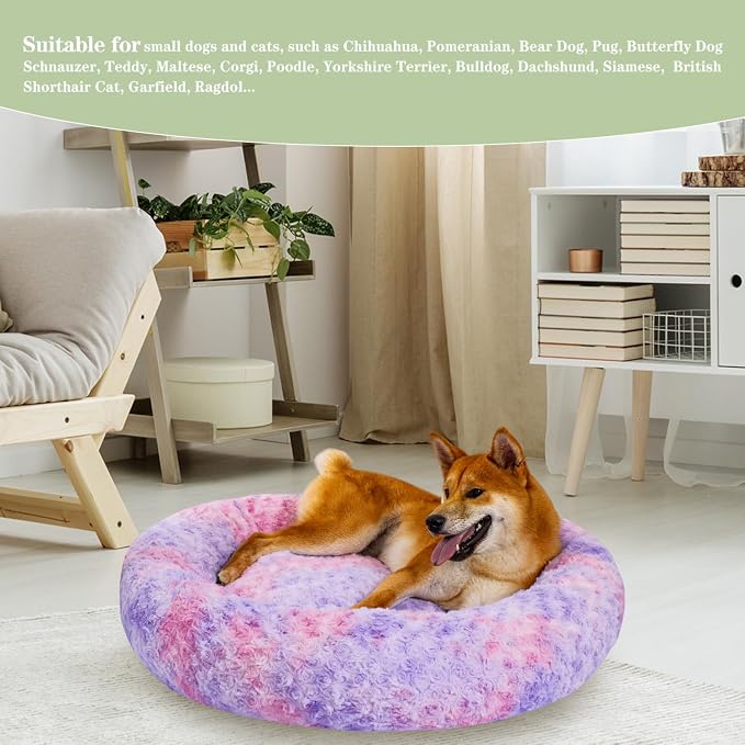 Calming Dog Bed for Medium Dogs Cats, Puppy 31'' Round Anti-Anxiety Warm Fluffy Plush Faux Fur Bed, Soft Anti-Slip Donut Washable, Cozy Medium Puppy Bed, Fits up to 50 lbs Pets