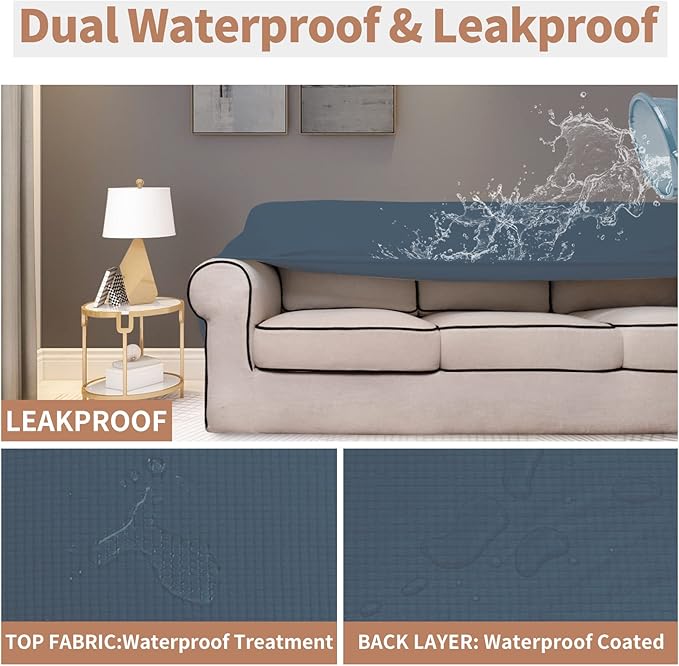 Easy-Going 100% Waterproof Oversized Chair Couch Cover, Dual Waterproof Sofa Cover, Stretch Jacquard Sofa Slipcover, Leakproof Furniture Protector for Kids, Pets, Dog and Cat, Bluestone