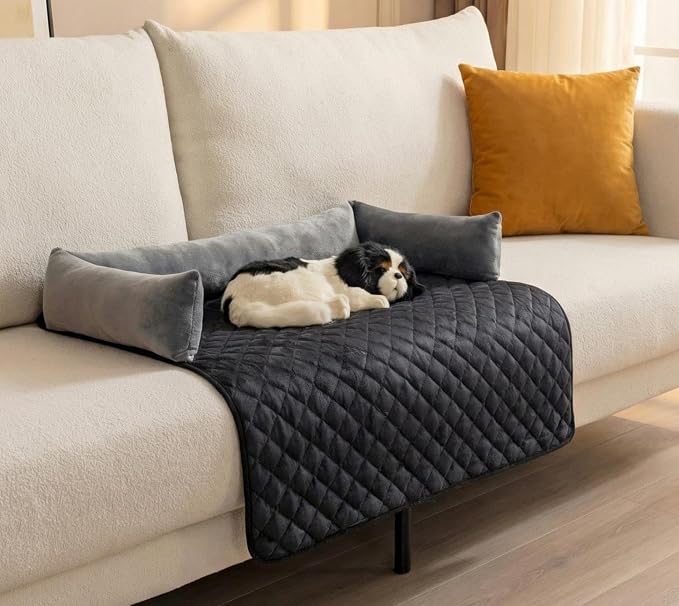 Calming Dog Bed for Couch, Non-Slip Durable Suede Dog Sofa Mat,Removable Washable Couch Dog Bed for Furniture Protector, Perfect for Small, Medium Dogs and Cats (Black and Gray, 36 x 47 inch)