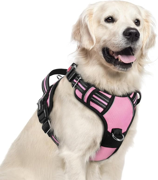 rabbitgoo Dog Harness for Large Dogs, 3 Buckles Easy On & Off No Pull Pet Vest, Soft Padded Walking Pet Harness with Control Handle, Adjustable and Reflective, Light Pink, XL