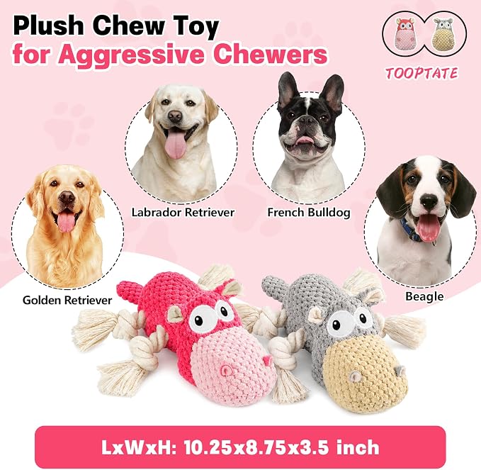 TOOPTATE Squeaky Dog Toy Set - 2-Pack Plush Dog Toys for Small Medium Large Dogs, Keep Them Busy (Gray & Pink, Medium)