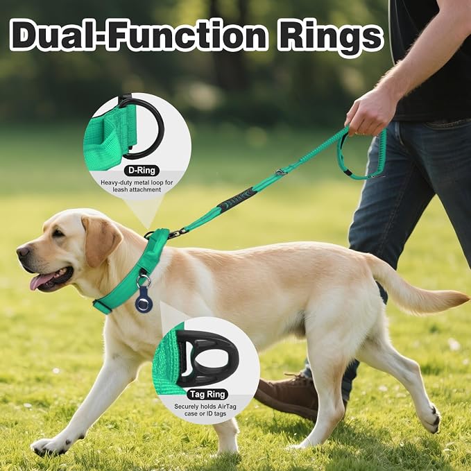 Joytale Tactical Dog Collar for Large Dogs with Control Handle, Heavy Duty Military Training Collar for Power Breeds, AirTag Holder Case, Quick Release Metal Buckle, Soft Padded, L, Teal