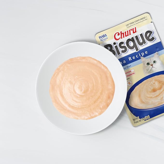 INABA Churu Bisque for Cats, Creamy Lickable Purée Side Dish with Vitamin E, 1.4 Ounces per Pouch, 24 Pouches, Tuna Recipe