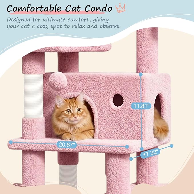 SHA CERLIN 82 inch, Multi-Level Cat Tree Tower for Indoor Cats, Cat Condo with Sisal Scratching Posts, Plush Perches, Hammocks, Toy Balls, Pink