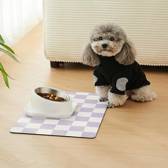 Checkered Dog Feeding Mat, Absorbent Mats for Dog Food and Water Bowl, Dispenser, Aesthetic Purple Checkerboard Pet Placemat for Dogs, Cats, Puppy Accessories (Purple, 12 x 19)