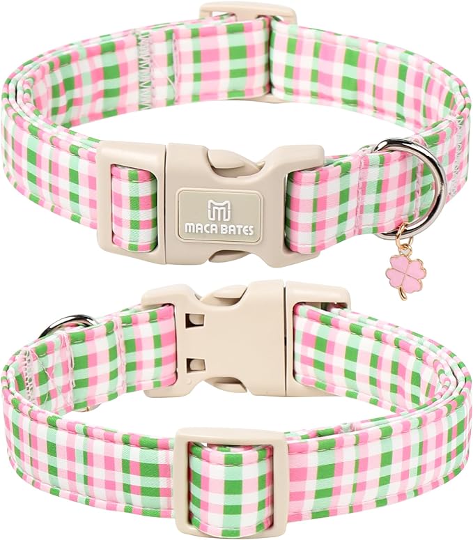 Maca Bates Pastel Plaid Dog Collar with Clover Charm,Pink and Green Gingham Pattern for Small Girl Boy Dogs,Adjustable Durable Soft Checkered Collars Spring Gift for Male Female Puppy