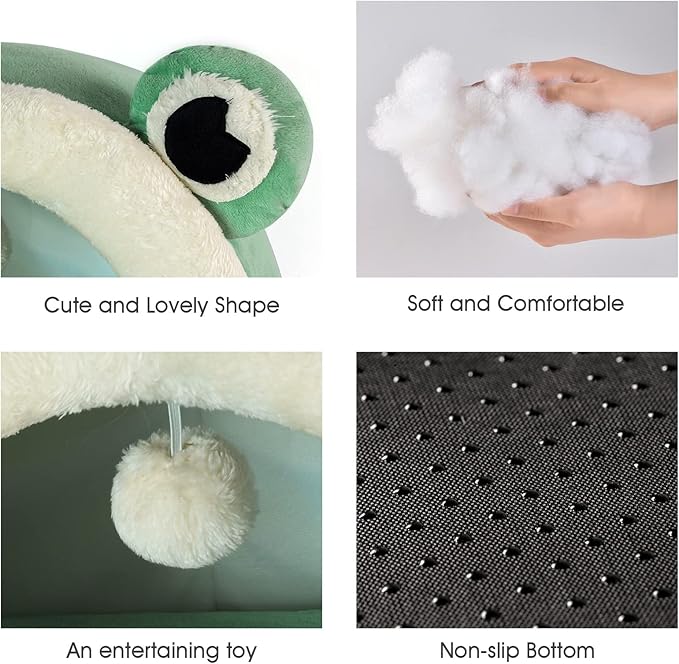 Jiupety Cute Cat Bed, Indoor Lovely Velvet Igloo for Cat and Small Dog, Warm Cave Sleeping Nest Bed for Puppy and Kitten, Green Frog, L