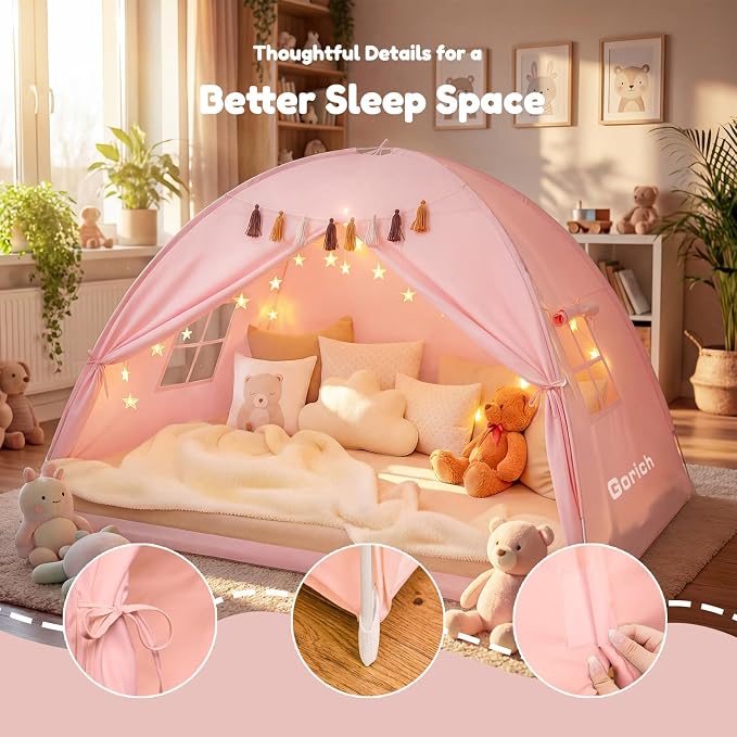 Gorich Twin Bed Tent for Kids, Indoor Privacy Toddler Sleeping Canopy with Mesh Window, Fits Bunk or Floor Bed, Include Star Lights & Tassels, Cozy Playhouse for Boys Girls Birthday