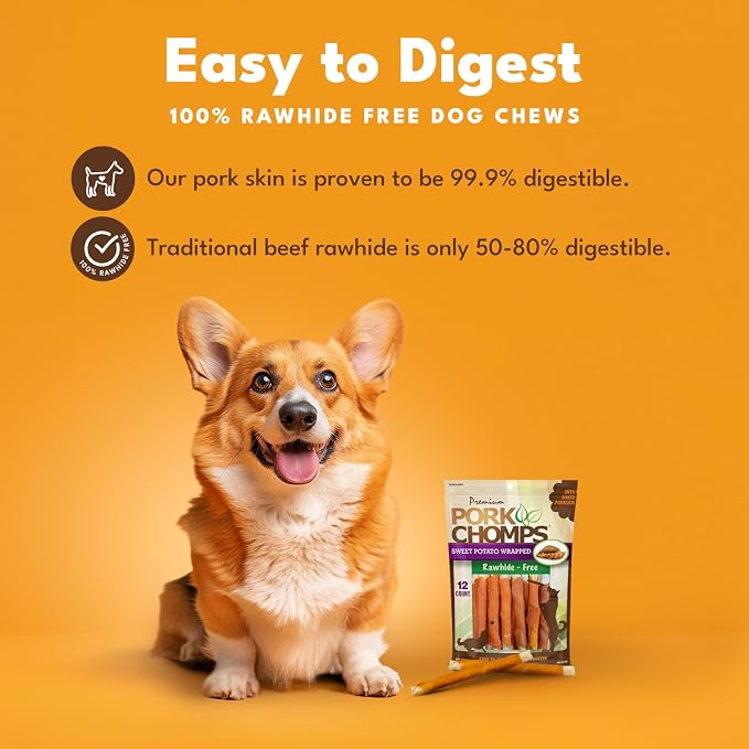 Pork Chomps Baked Pork Skin Dog Chews, 5 Inch Mini Twists, 12 Count - Sweet Potato Wrap - Long-Lasting Treats for Dogs - High Protein, Rawhide-Free, Low Fat, Healthy & Delicious Chews
