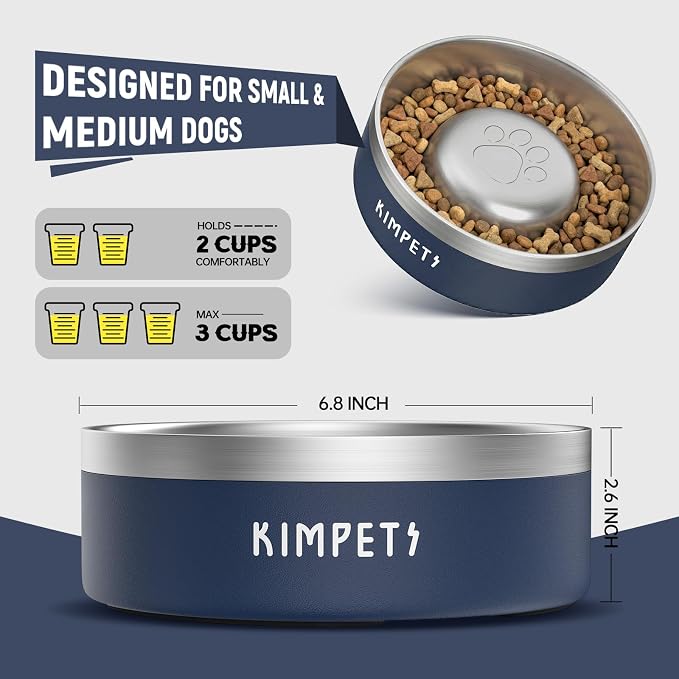Dog Slow Feeder Bowl Slow Eating Dog Bowl Slow Feeder Dog Bowls 304 Stainless Steel Double Wall Durable Non-Slip Rubber Base - Blue