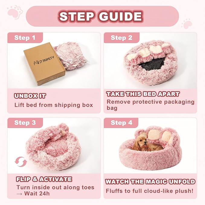 Jiupety Paw Shape Calming Pet Bed, Plush Faux Fur Donut Bed for Dogs & Cats, Machine Washable, Non-Slip Bottom, Medium (22"×22"×6"), Pink