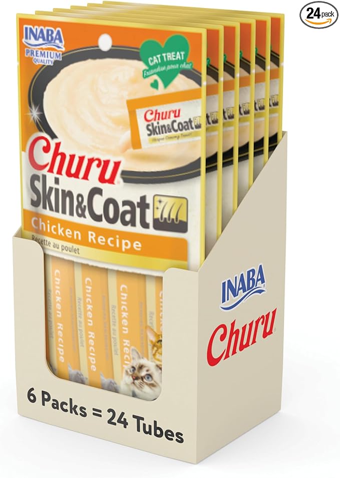 INABA Churu for Skin & Coat, Lickable, Squeezable Cat Treat with Omega Oils, Taurine and Vitamin E, 0.5 Ounces Each Tube, 24 Tubes, Chicken Recipe