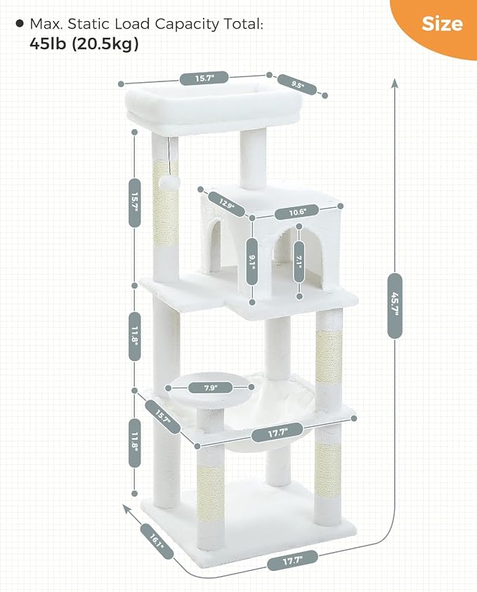 MUTTROS White Cat Tree for Indoor Cats, 45.7" Multi-Level Cat Tower with Large Metal Frame Hammock, Cat Condo with 4 Scratching Posts and Top Perch, White