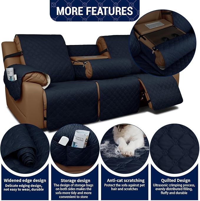 Waterproof Recliner Sofa Covers with Flipped Middle Backrest Washable Recliner Couch Covers Non-Slip with Elastic Straps Furniture Protector for Kid Dogs Pets (Navy Blue)