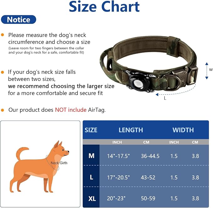 Never Lose Your Dog! AirTag Dog Collar with Waterproof Case | Tactical Collar for Large Dogs Featuring Military Handle & Durable Strap | Secure GPS Tracking for Apple AirTag (Camo, M)