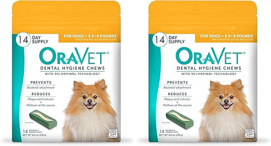 OraVet Dental Chews for Dogs, Oral Care and Hygiene Chews (Extra Small Dogs, 3.5-9 lbs.) Yellow Pouch, 14 Count (Pack of 2)