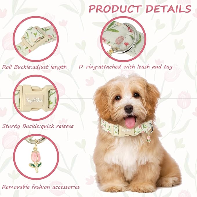 Dog Collars for Small Dogs, Dog Collar with Tulip Patterns, Summer Floral Dog Collar Tulip with Exquisite Pendant, Durable Cute Adjustable Collars Flower Gift for Puppy Small Medium Dogs-S