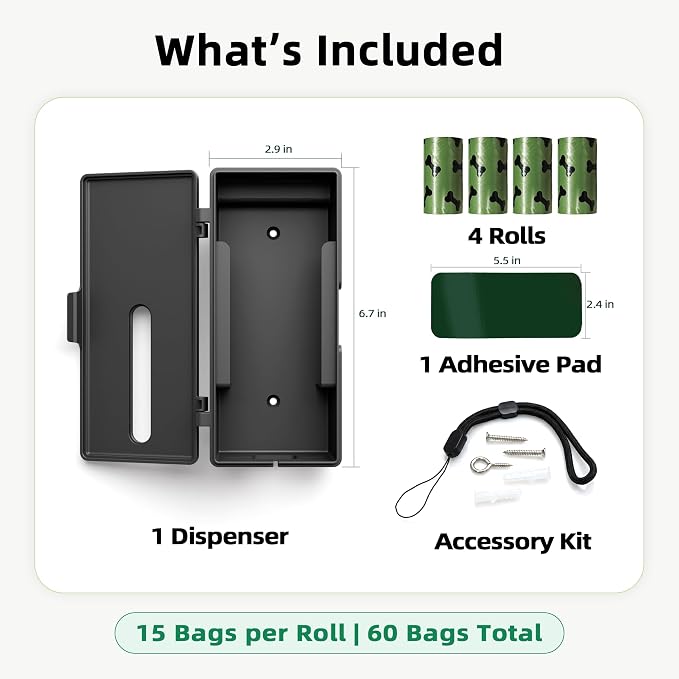Portable Dog Poop Bag Dispenser, 60 Bags, Black | wall mount design, easy bag pull, flip top lid, leak resistant refill bags, simple refill access, tidy home or yard use