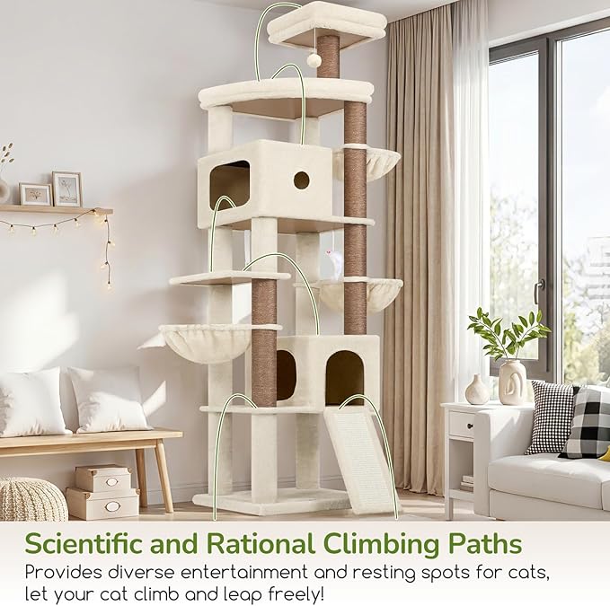 Globlazer 83in Heavy Duty Cat Tree, Giant Cat Tower with 2 Condos & 3 Hanging Baskets, Multi-Level Tall Cat Condo for Large Adult Cats, 7 Scratching Posts, F83C, Beige