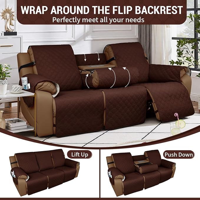 Waterproof Recliner Sofa Covers with Flipped Middle Backrest Washable Recliner Couch Covers Non-Slip with Elastic Straps Furniture Protector for Kid Dogs Pets (Coffee)