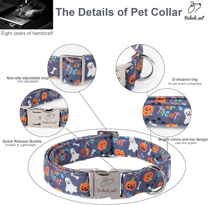 Halloween Dog Collar for Medium Dogs - Cute Halloween Ghost Pumpkin Dog Collars, Adjustable Heavy Duty Pet Holiday Collar with Metal Buckle M