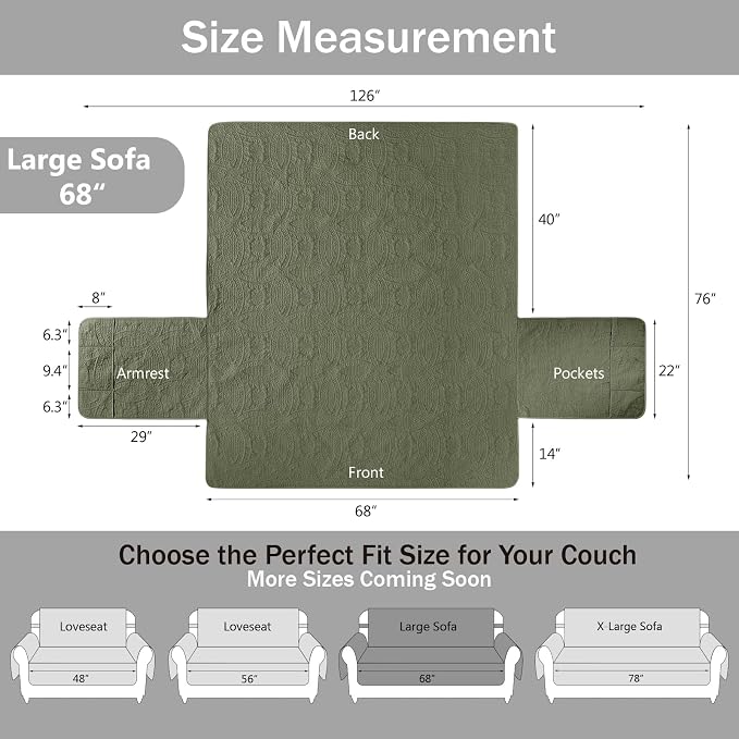 Quilted Olive Green Sofa Slipcovers with Pockets, Anti-Slip Medallion Couch Covers for 3 Cushion Sofa, Couch Cover for Dogs Cats Water-Repellent Machine Washable (Large Sofa 68", Olive Green)