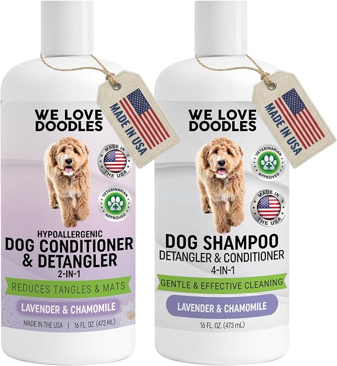 Dog Shampoo and Conditioner & Detangler - Best Goldendoodles, Poodles & Doodle Shampoo for Smelly Dogs - Sensitive Skin Puppy Shampoo - Made in The USA, Goldendoodle Must Haves (Shampoo & Conditioner)