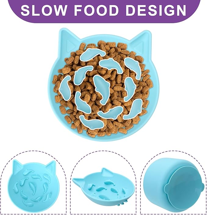 Silicone Cat Slow Feeder, Elevated Slow Feeder Bowl Tilt Design, Suitable for Dry and Wet Food, Adjustable Angle, Cat Food Puzzle with Suction Cup(Blue)