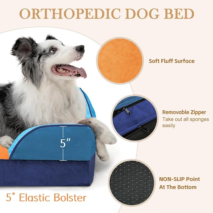 Comfort Expression Orthopedic Dog Bed for Extra Large Dogs 42x30 Inch, Waterproof Egg Crate Foam XL Pet Bed with Bolsters, Dog Couch with Washable Cover & Non-Slip Bottom, Golden Harbor
