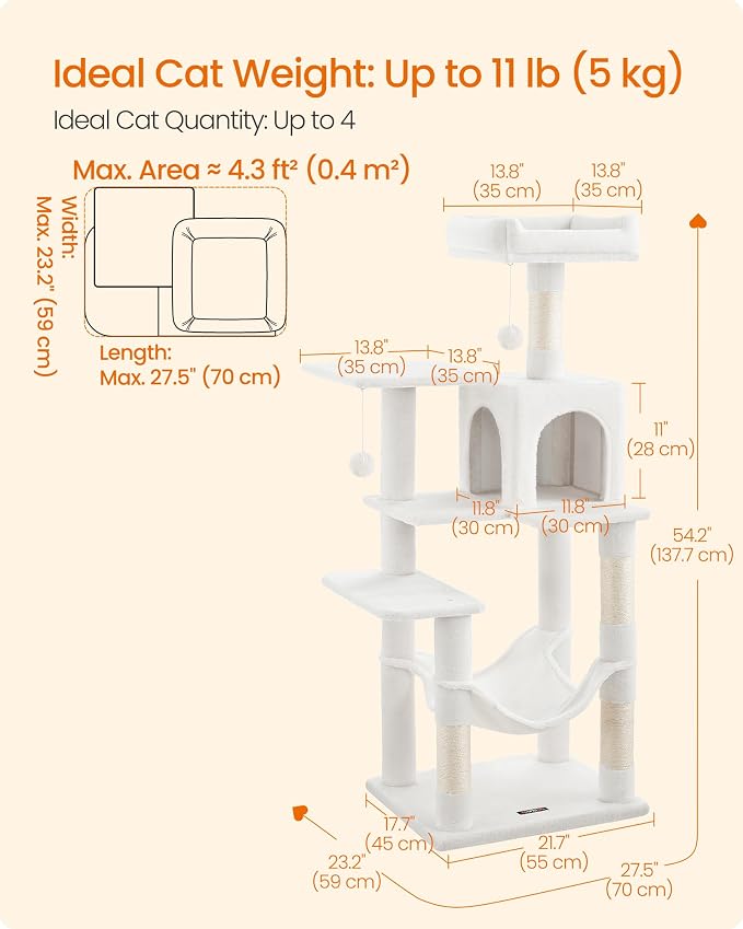 Feandrea Cat Tree, 54.2-Inch Cat Tower, Plush Multi-Level Condo with 4 Scratching Posts, 2 Perches, Hammock, Cave, Cream White UPCT161T01