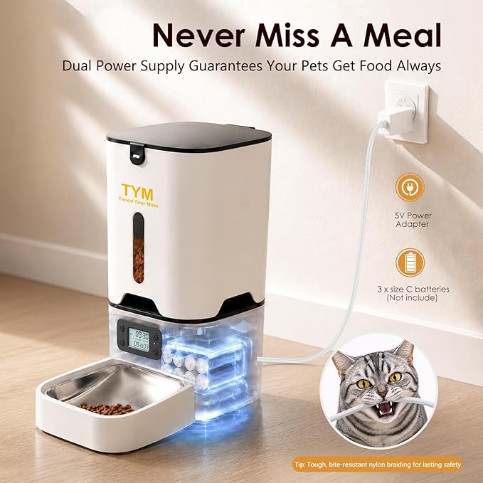 TYM Automatic Cat Feeder, 7L Large Capacity Cat Food Dispenser with Programmable Timer, Portion Control up to 9 Meals/Day, Dual Power Supply, Fresh Food, Easy to Clean for Cats and Small Dogs