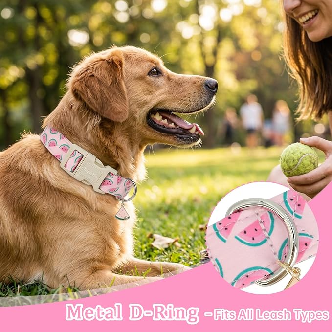 Summer Dog Collar, Cute Pink Dog Collar with Watermelon Pattern, Cotton Adjustable Pet Collars for Small Medium Large Dogs, Gift for Boys Girls Dogs-S