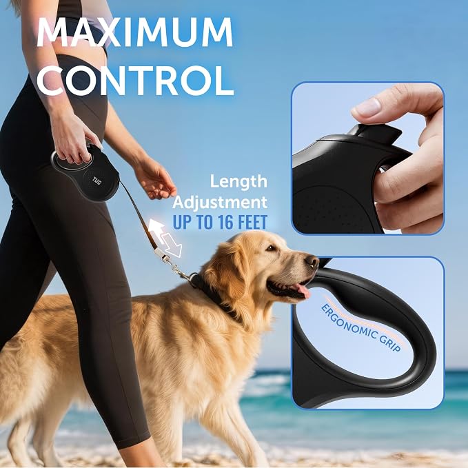 TUG Quest Retractable Dog Leash | 360° Tangle-Free Retraction | 16 ft Strong Nylon Tape (Large, Black)