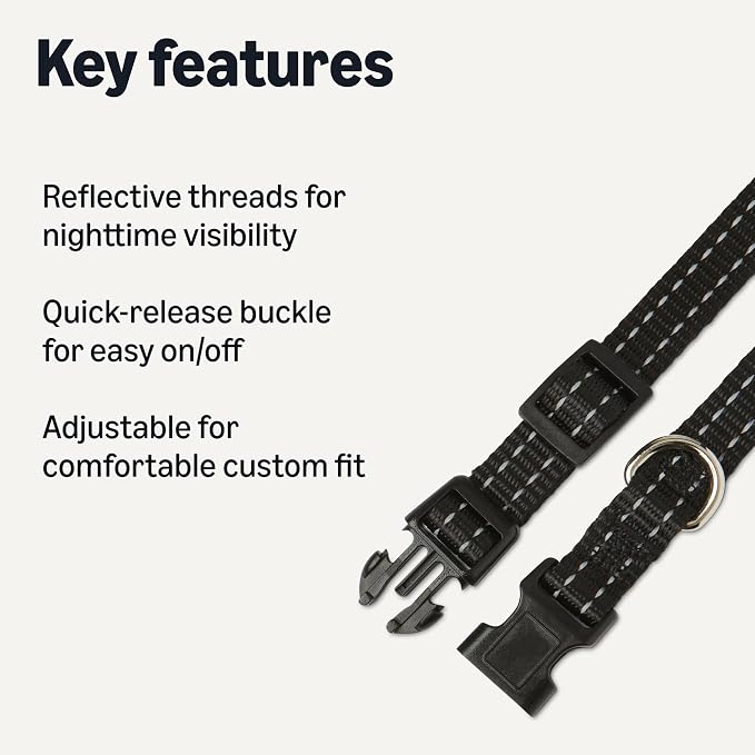 Amazon Basics Reflective Polyester Dog Collar, Adjustable Length 11.2"-16.9", 0.9" W, Quick-Release Buckle for Easy On/Off, Small, Black