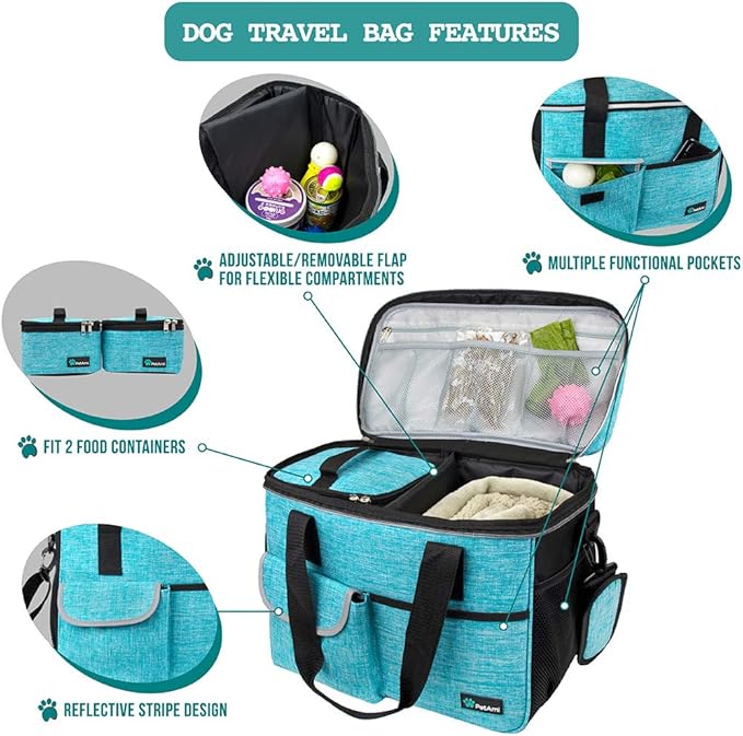 PetAmi Dog Travel Bag Organizer, Pet Travel Kit with 2 Food Containers & 2 Collapsible Dog Bowls, Pet Supplies Tote with Luggage Sleeve, Weekend Road Trip Camping Essentials, Teal Blue, Medium
