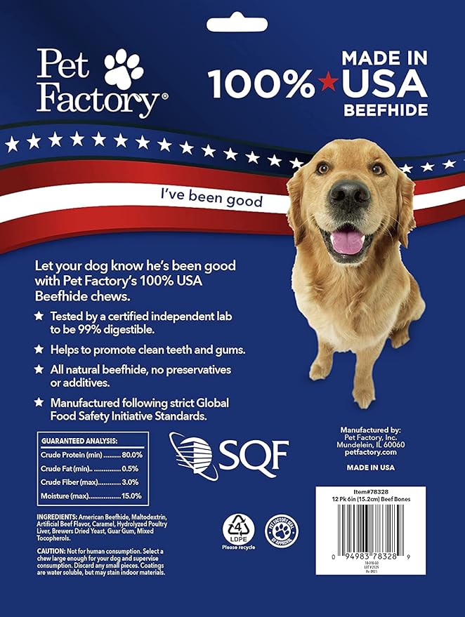 Pet Factory 100% Made in USA Beefhide 6" Knotted Bones Dog Chew Treats - Beef Flavor, 12 Count/1 Pack