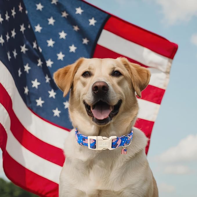 Maca Bates 4th of July Basic Dog Collar with America Flag Charm for Extra Large Boy Girl,Blue Dot USA Flags Dogs Collars Adjustable Soft Independence Day Gift for Male Female Puppy