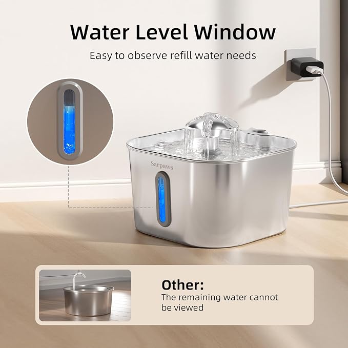 Cat Water Fountain Stainless Steel：74oz/2.2L SARPAWS Water Fountains for Cats Indoor, Cat Fountains for Drinking, Ultra-Quiet, Water Level Window, Pet Water Fountain - 6 Filters + 3 Sponges