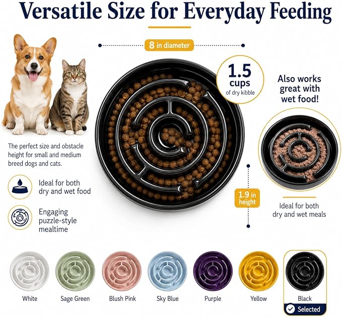 Slow Feeder Dog Bowls, Silicone Dog Bowl with Anti-Slip, Slow Feeder & Non-Slip Design, Boredom and Anxiety Reducer, Suitable for All Breed Dogs and Cat (Ceramic-Black)